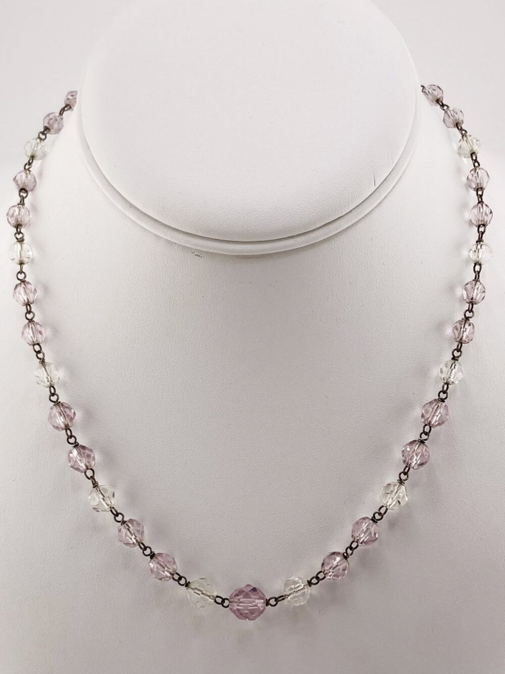 ANTIQUE Clear and pale purple glass rosary style beaded necklace vintage jewelry